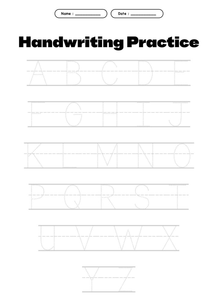 Alphabet handwriting practice worksheet with dotted letters A-Z