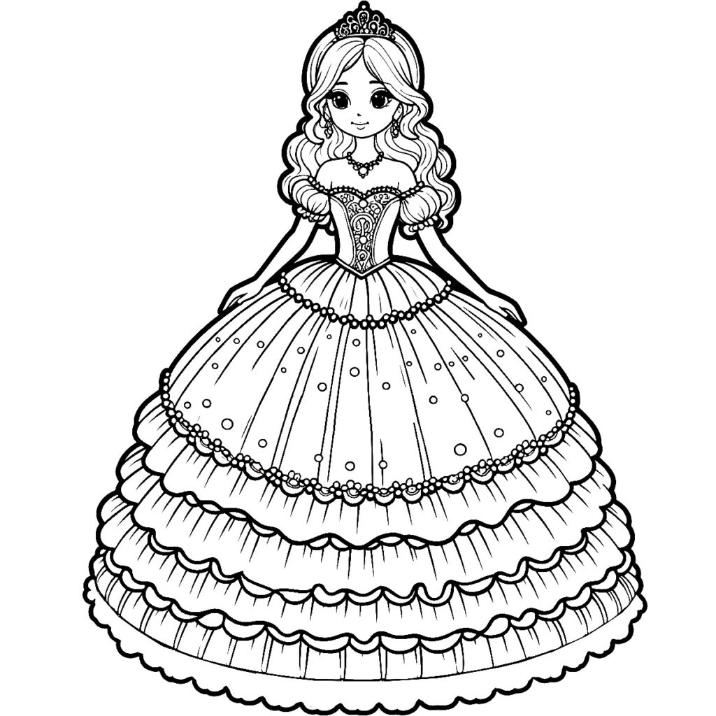 Princess in ornate gown, standing front-facing on white background