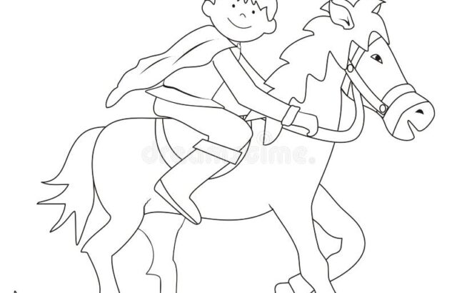 Child wearing crown riding horse line drawing