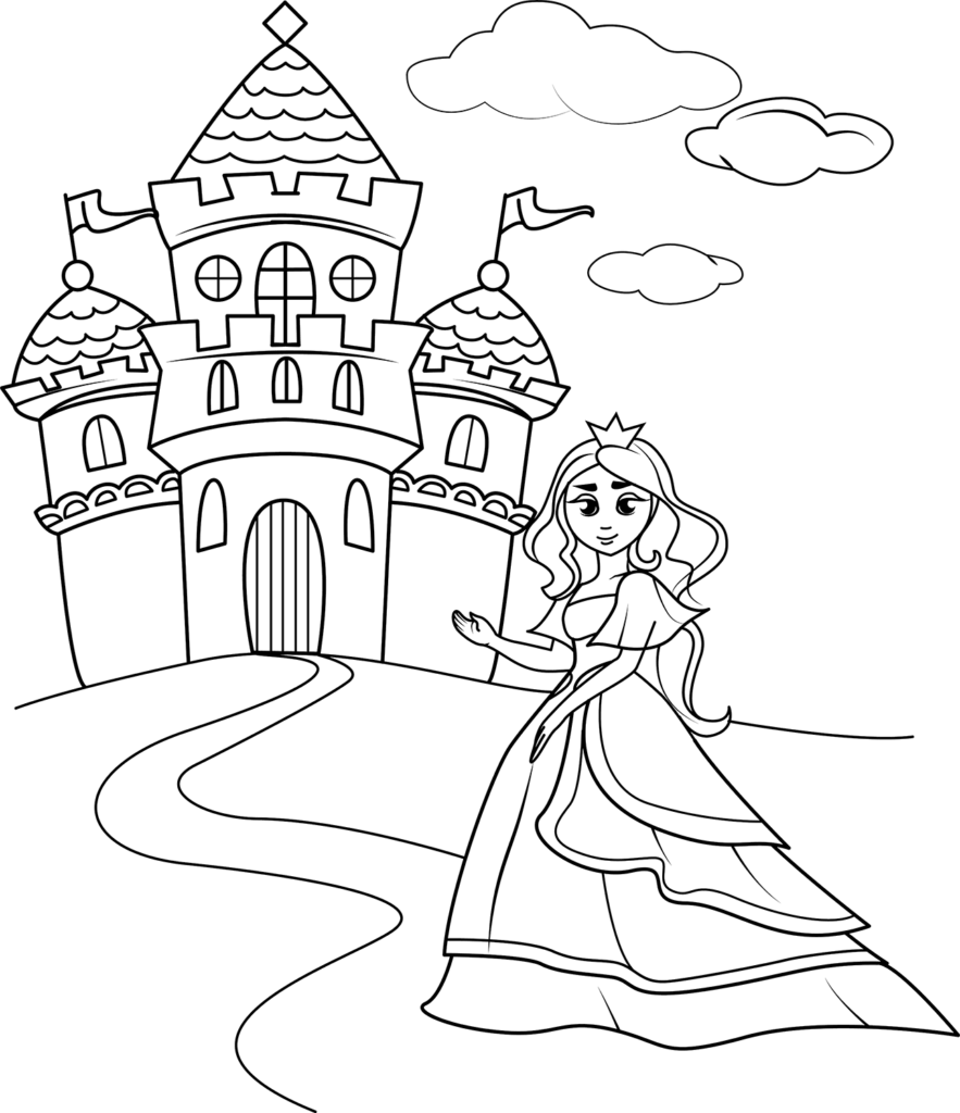 Princess beside a castle with clouds and path
