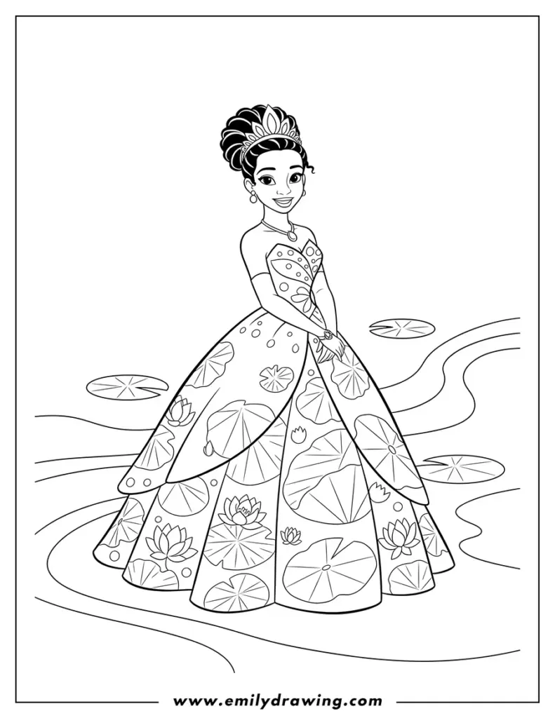Line drawing of a princess in a flowered gown