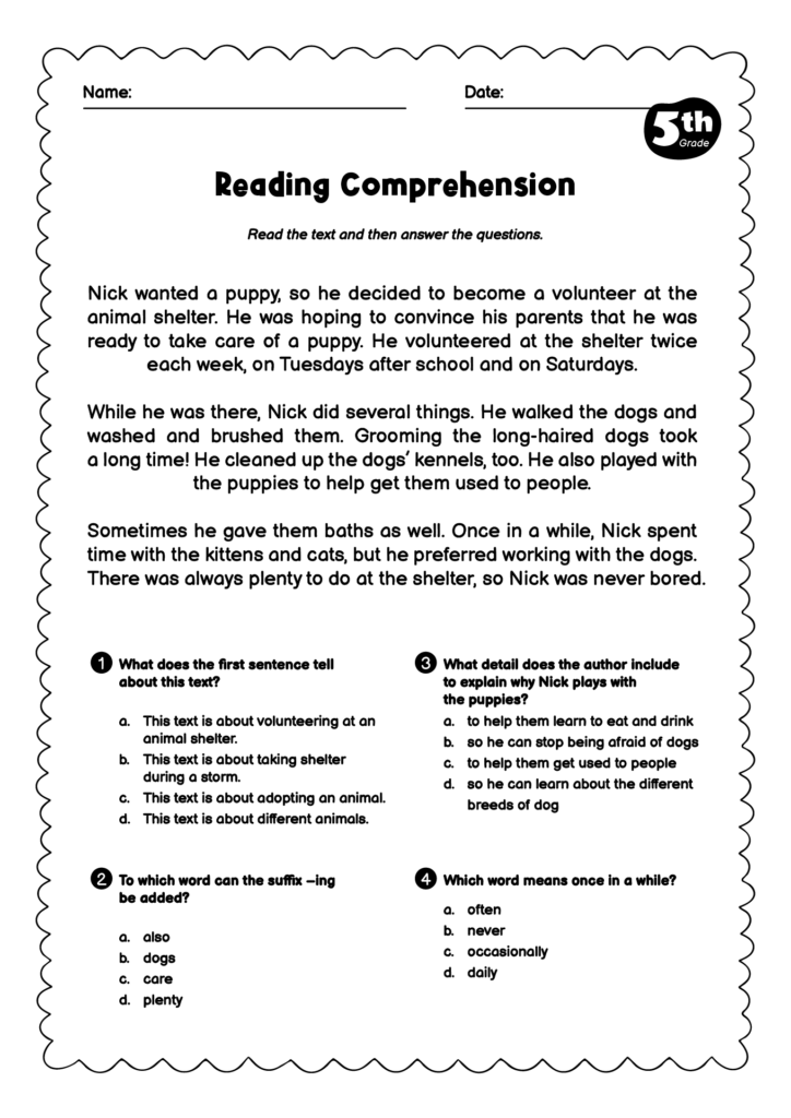 Fifth grade reading comprehension worksheet about animal shelter volunteering