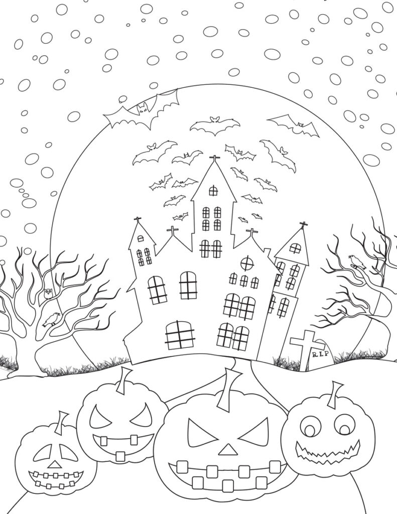 Halloween coloring page with haunted house, bats, pumpkins, trees