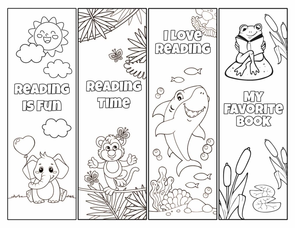 Four black-and-white reading-themed coloring bookmark designs