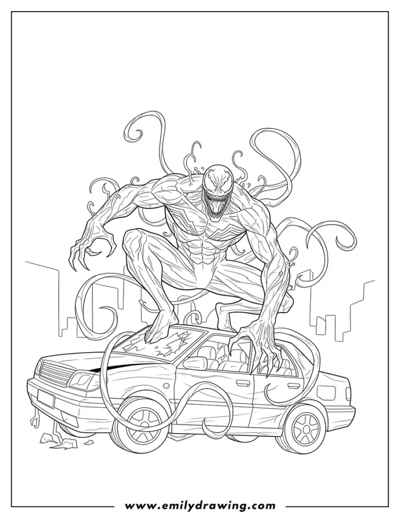 Venom crouching on a damaged car illustration