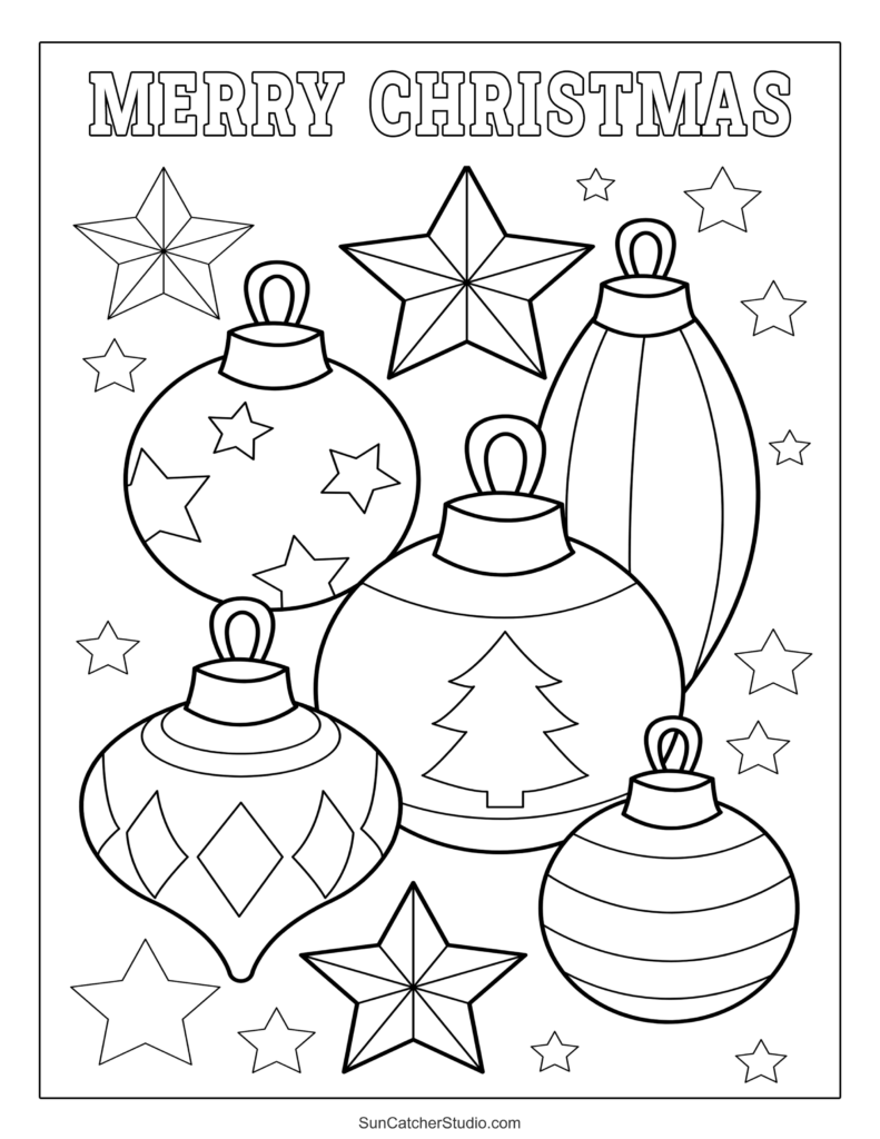 Christmas ornament coloring page with stars and Merry Christmas text