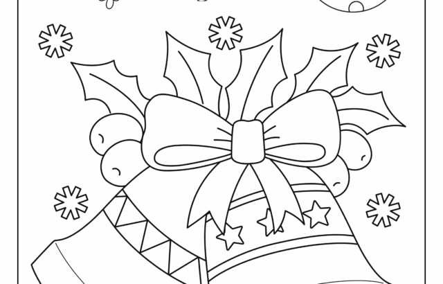 Christmas coloring page with bells, ornament, snowflakes, and text