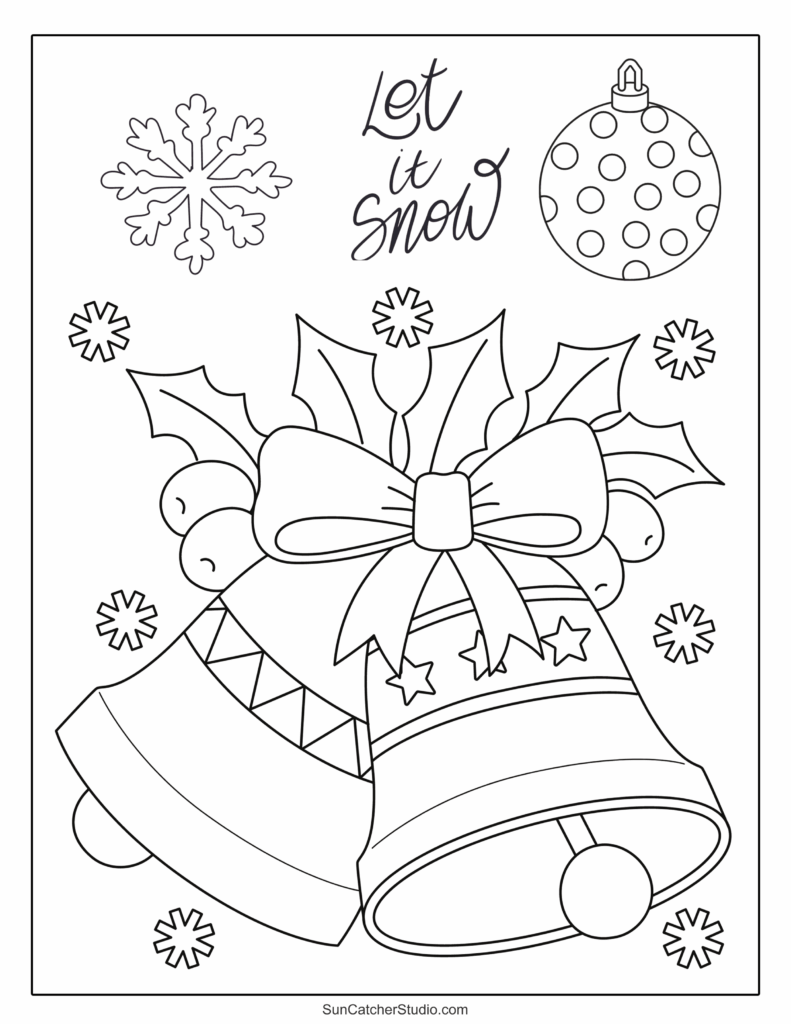 Christmas coloring page with bells, ornament, snowflakes, and text