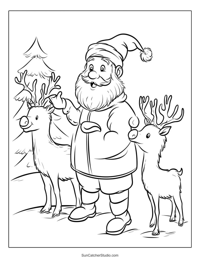 Santa standing between two reindeer with pine tree