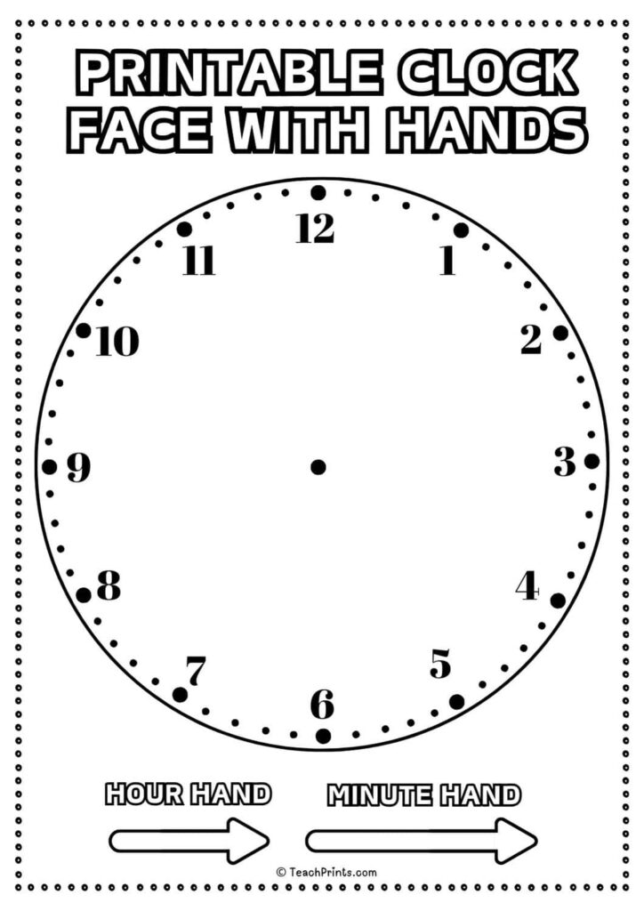 Printable clock face worksheet with hour and minute hands