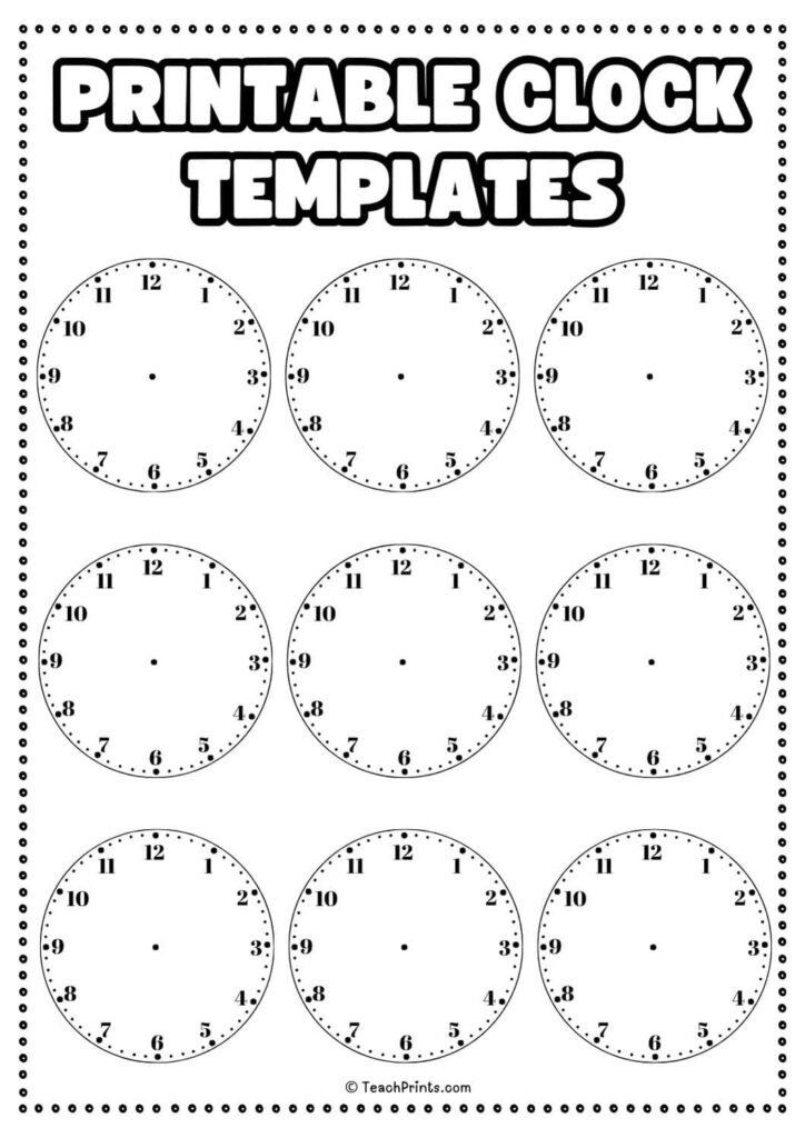 Printable clock templates worksheet with nine blank clocks