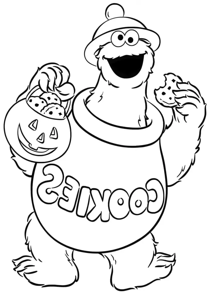 Cartoon monster holding cookies and a pumpkin bucket