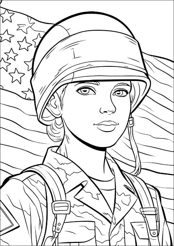 Line drawing of female soldier in helmet before flag