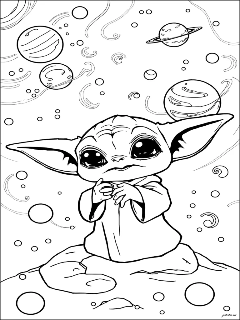Baby Yoda floating among planets in space coloring page