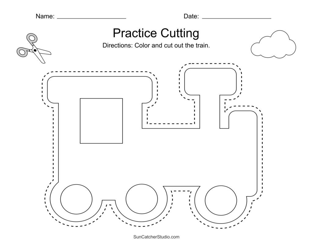 Train-shaped cutting practice worksheet with scissors and cloud icons