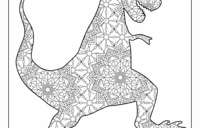 Patterned dinosaur coloring page outline on white background
