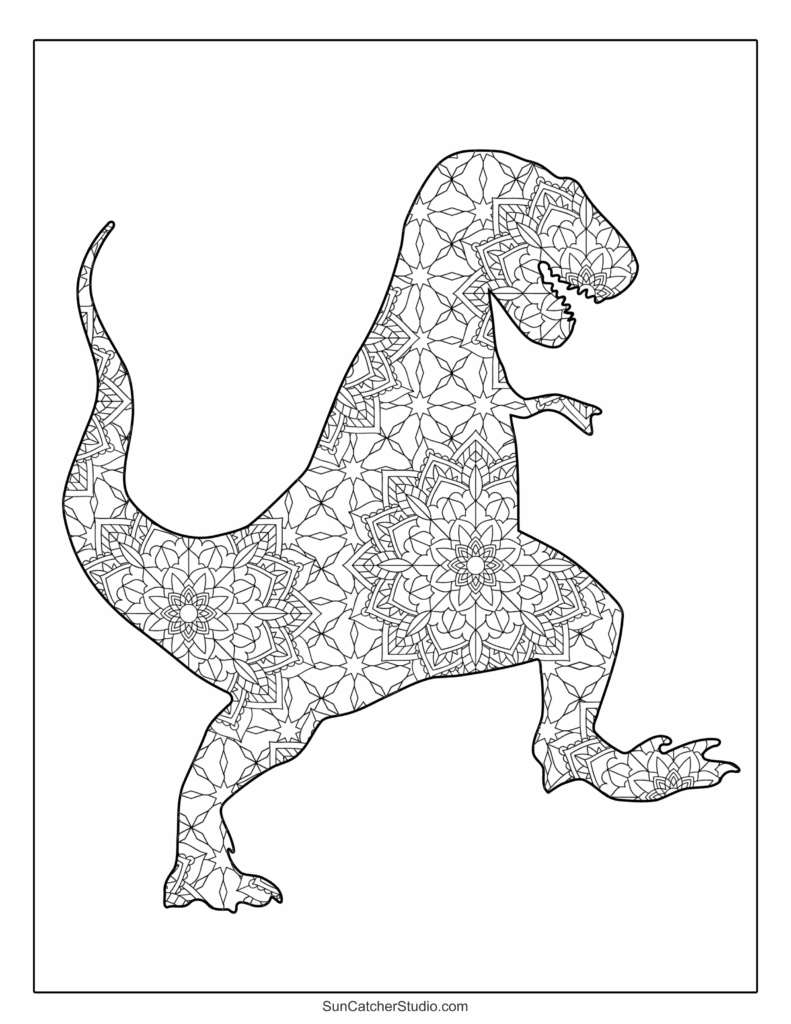 Patterned dinosaur coloring page outline on white background
