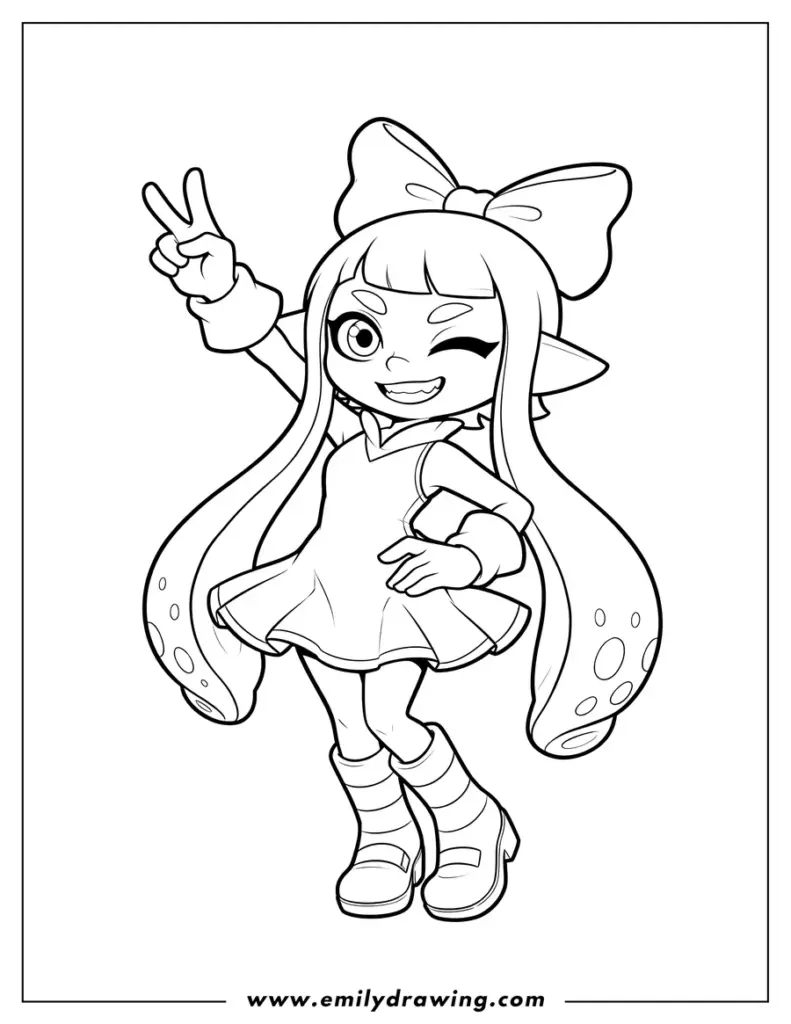 Black-and-white cartoon girl winking, posing with peace sign