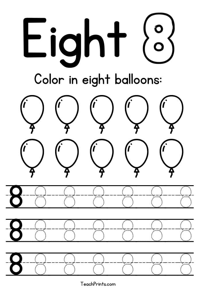 Printable worksheet with eight balloons and tracing eights