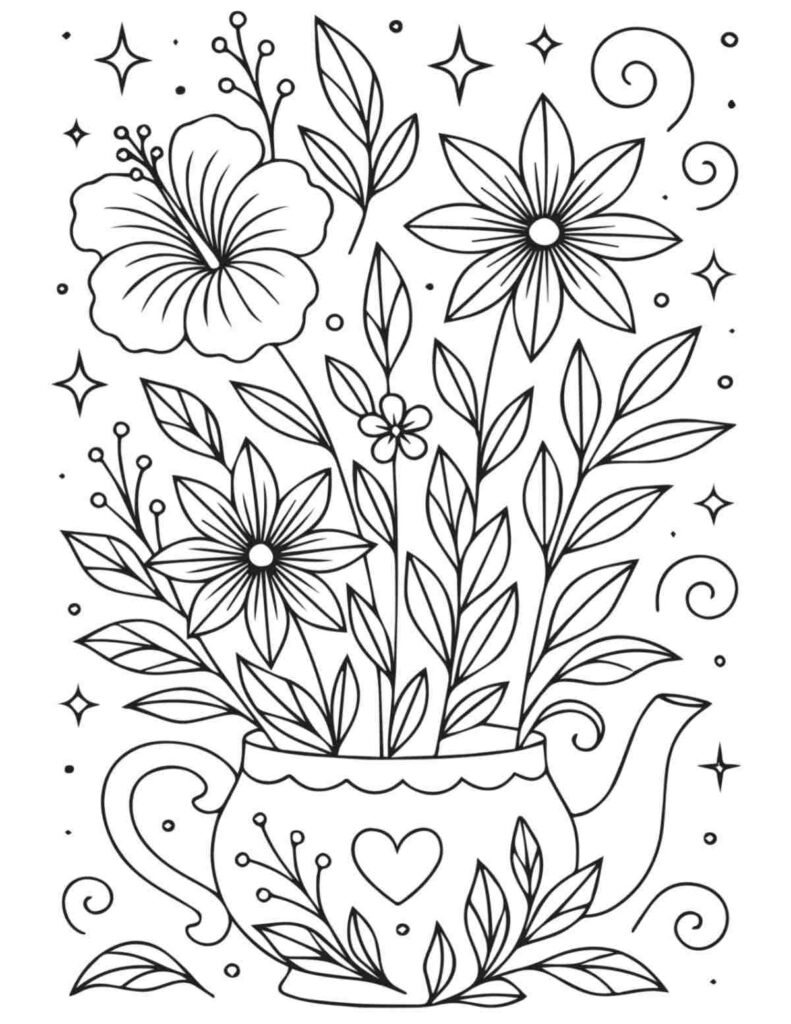 Black-and-white floral teapot with leaves and flowers
