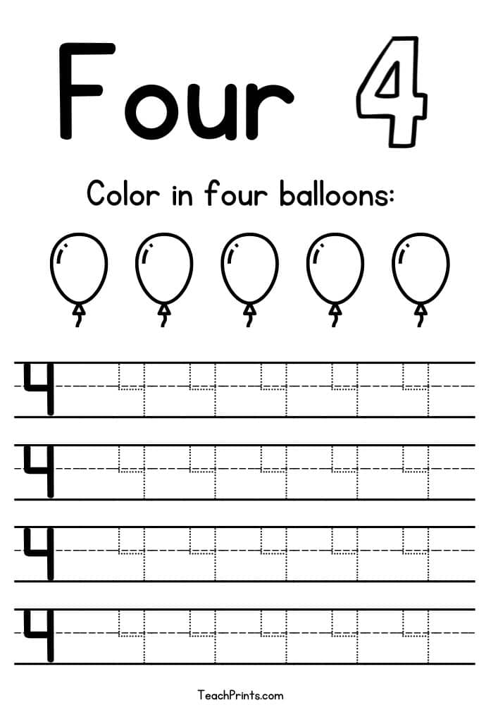 Printable worksheet for learning number four with balloons