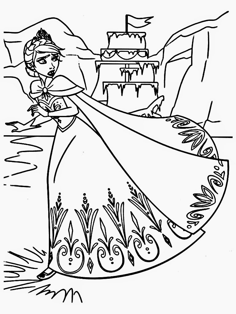 Line drawing of a princess beside a layered cake waterfall