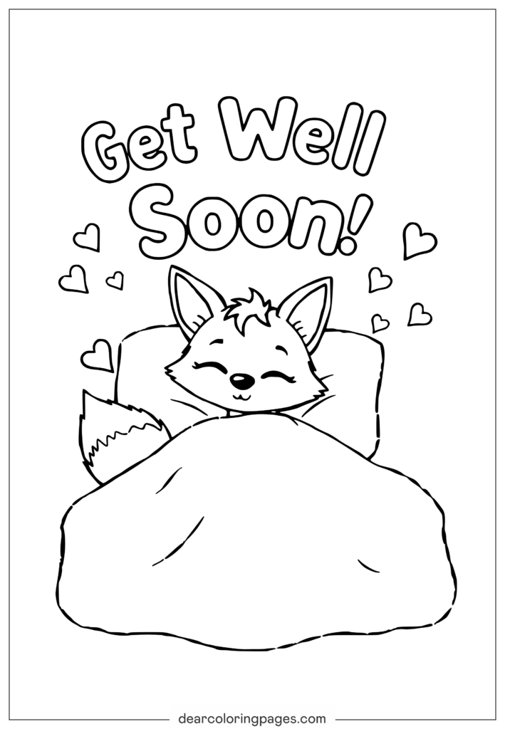 Sleeping fox under blanket with hearts and text