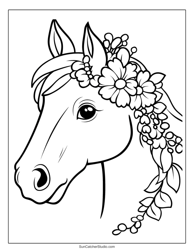 Black-and-white horse head with floral wreath line art