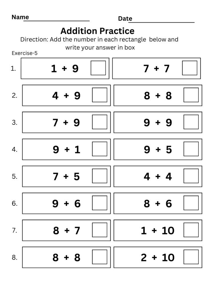 Addition practice worksheet with numbered equations and answer boxes