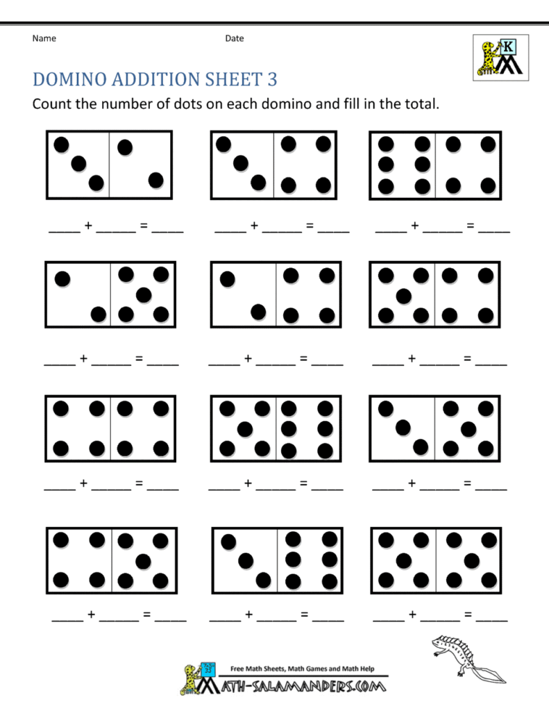 Domino addition worksheet with twelve dominoes and blanks