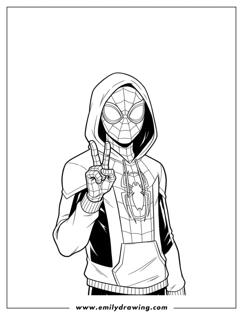Black-and-white drawing of hooded Spider-Man giving peace sign