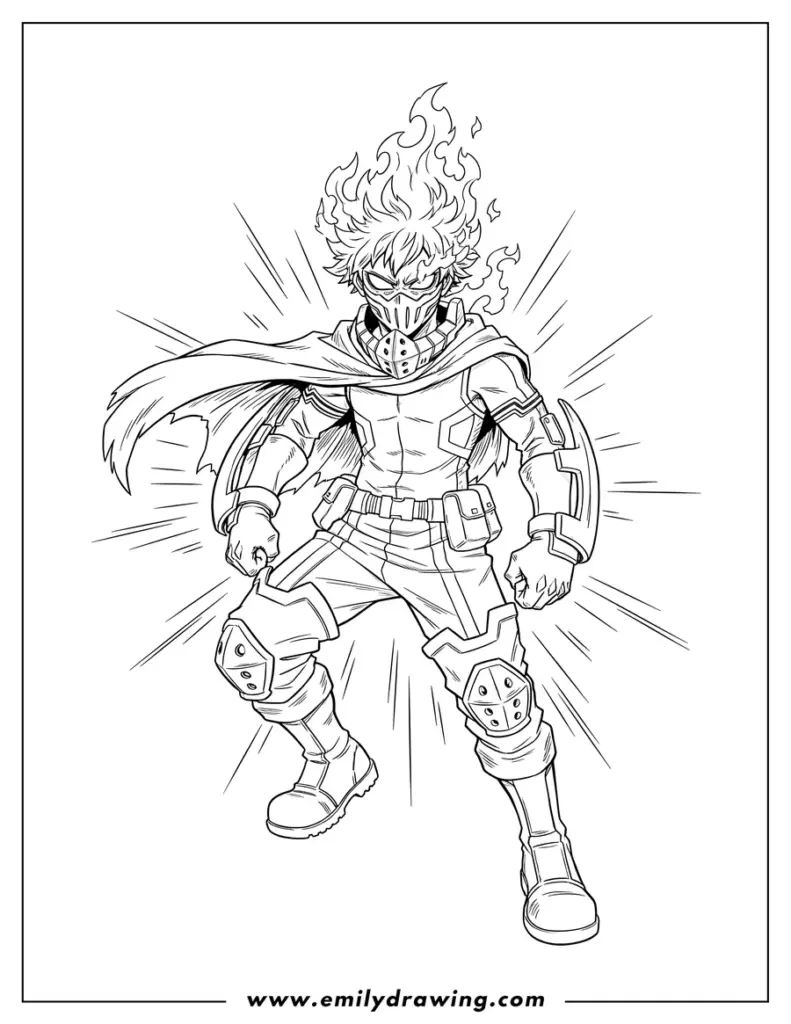Anime-style armored hero with flaming hair, standing pose