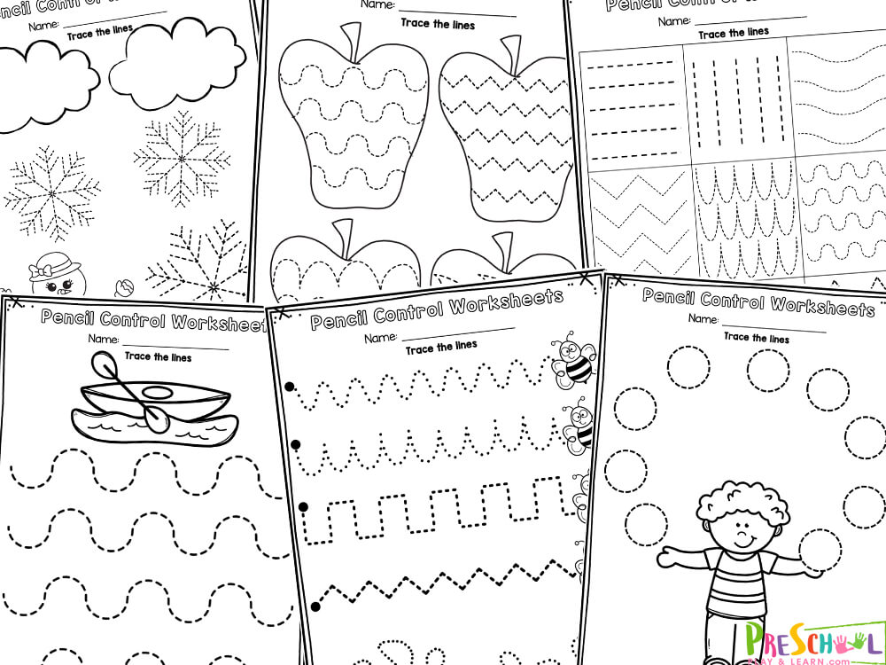 Collage of black-and-white tracing worksheets with lines and shapes