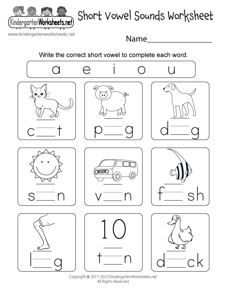 Short vowel sounds worksheet with animal and object pictures
