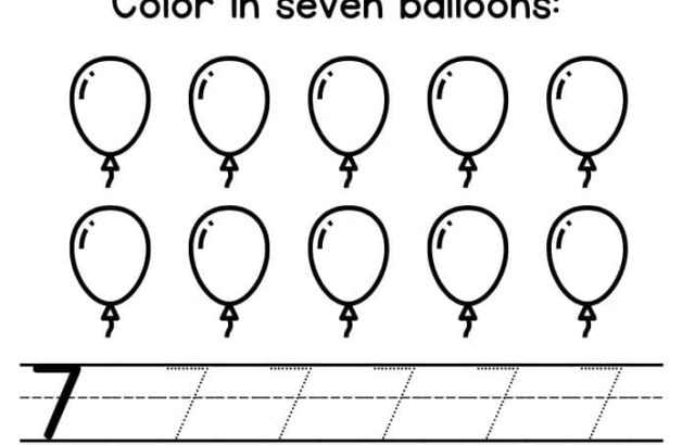 Number seven worksheet with balloons and tracing lines