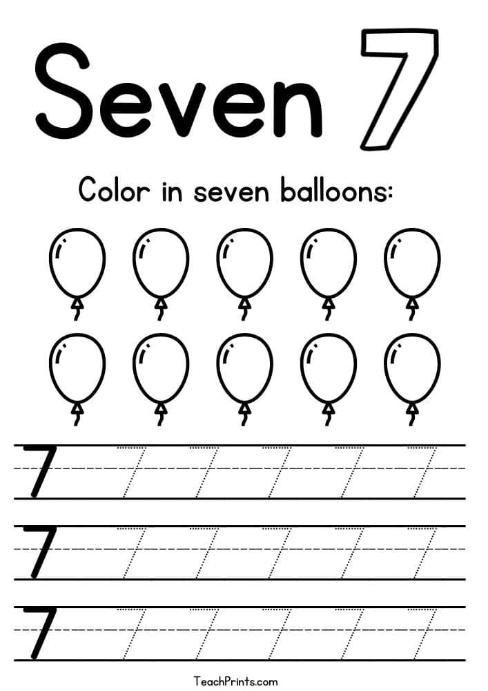 Number seven worksheet with balloons and tracing lines