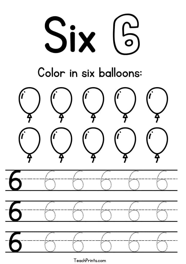 Number six worksheet with balloons and tracing lines