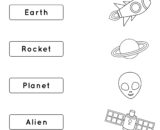 Space worksheets matching activity with words and drawings
