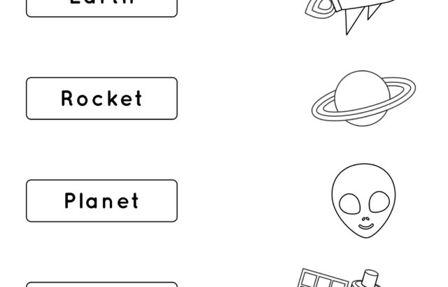 Space worksheets matching activity with words and drawings
