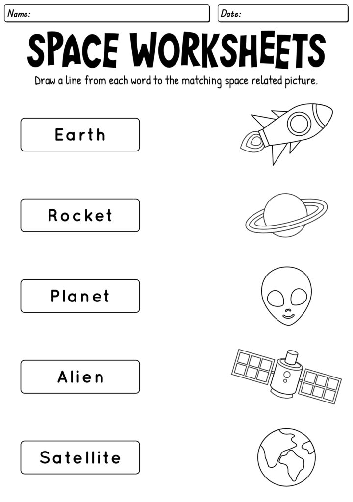 Space worksheets matching activity with words and drawings