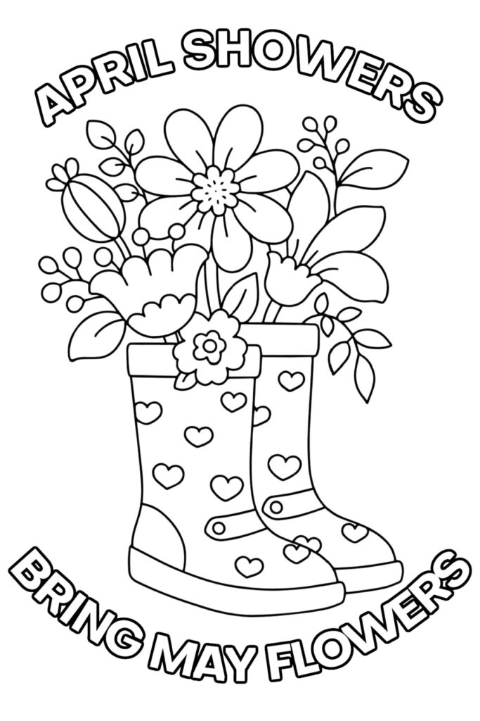 Black-and-white floral boots coloring page with April showers text