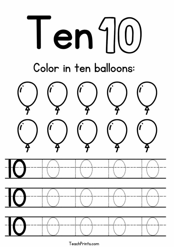 Ten number worksheet with balloons and tracing lines
