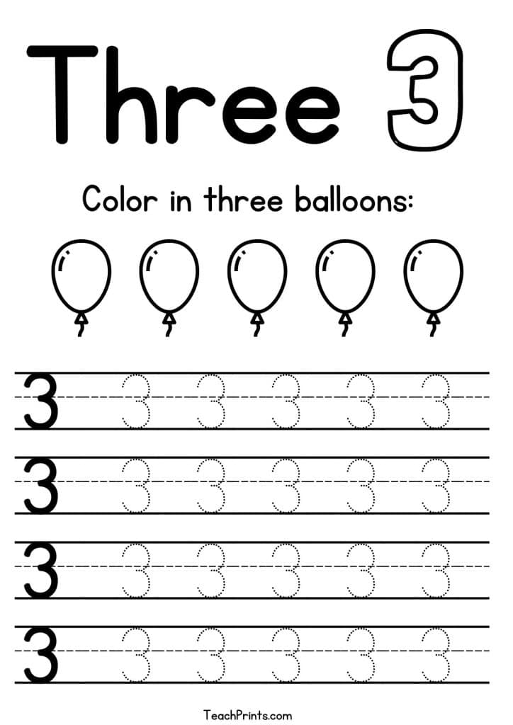Number three tracing worksheet with balloons and practice lines