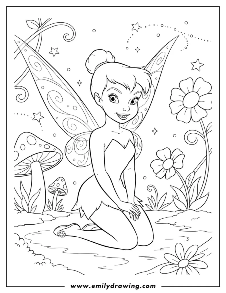 Fairy Tinker Bell coloring page with flowers and mushrooms