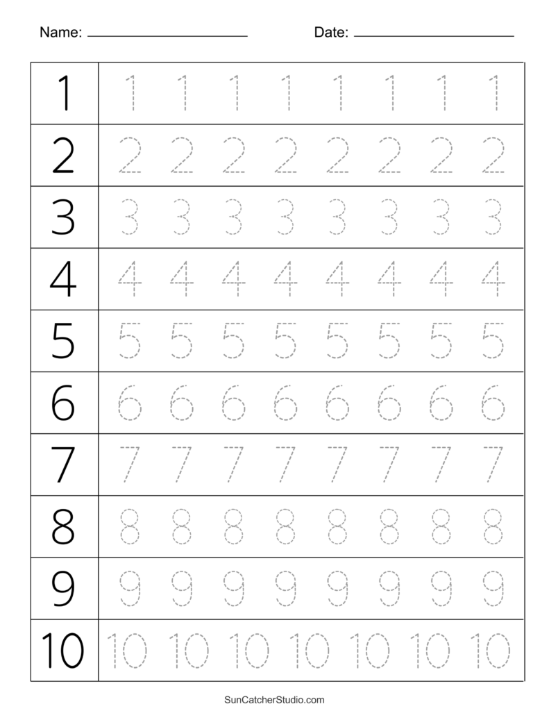 Printable tracing worksheet with numbers one through ten