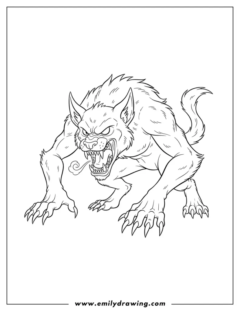 Black-and-white drawing of snarling wolf monster with claws