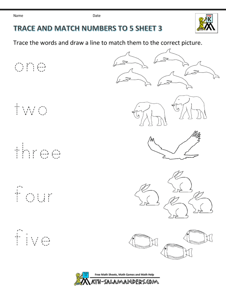 Tracing worksheet with number words and animal pictures