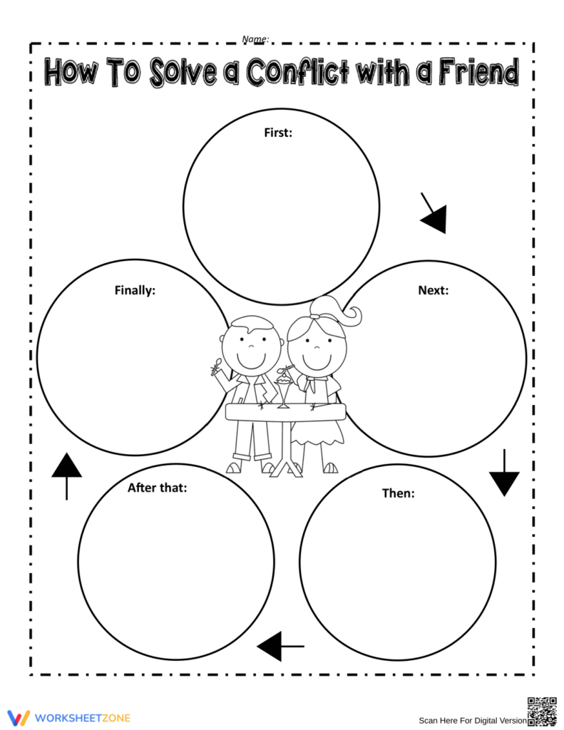 Black-and-white conflict resolution worksheet with circles and cartoon children