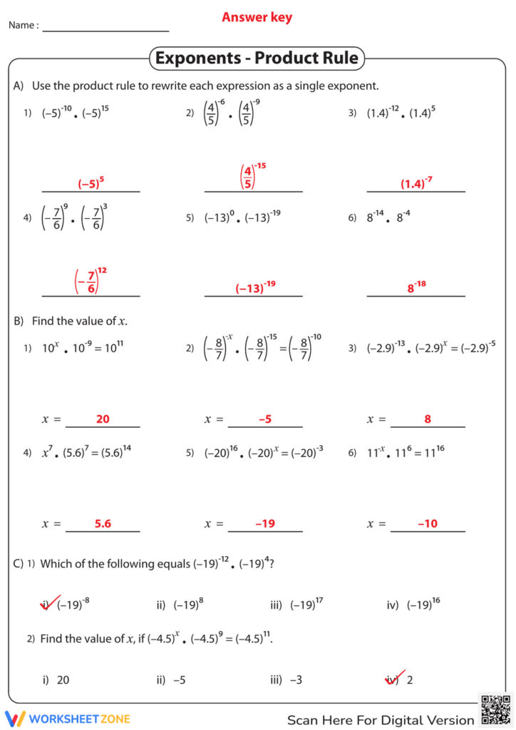 Exponent product rule worksheet answer key page