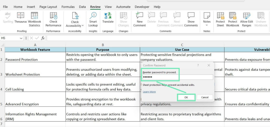 Excel worksheet with password confirmation dialog over table